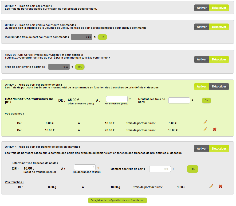 Frais de port tranches de prix