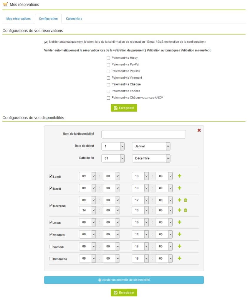 Mes réservations : configuration