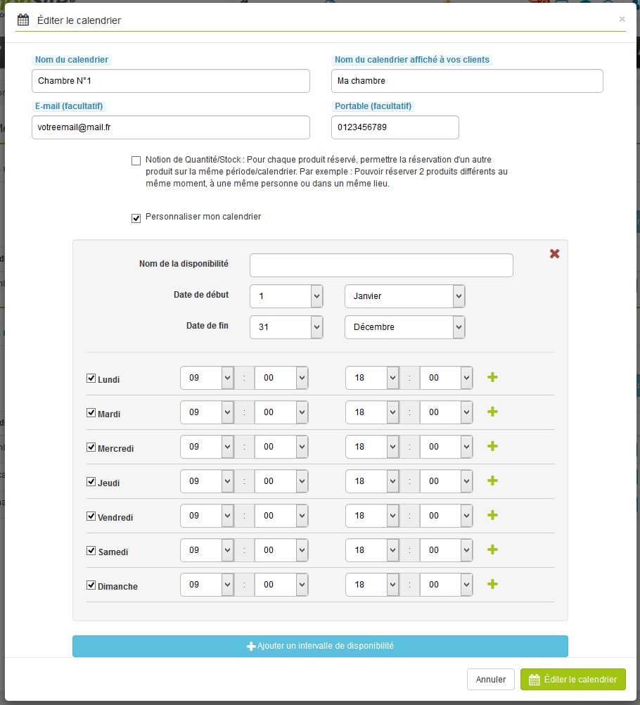 Mes réservations : création d'un calendrier