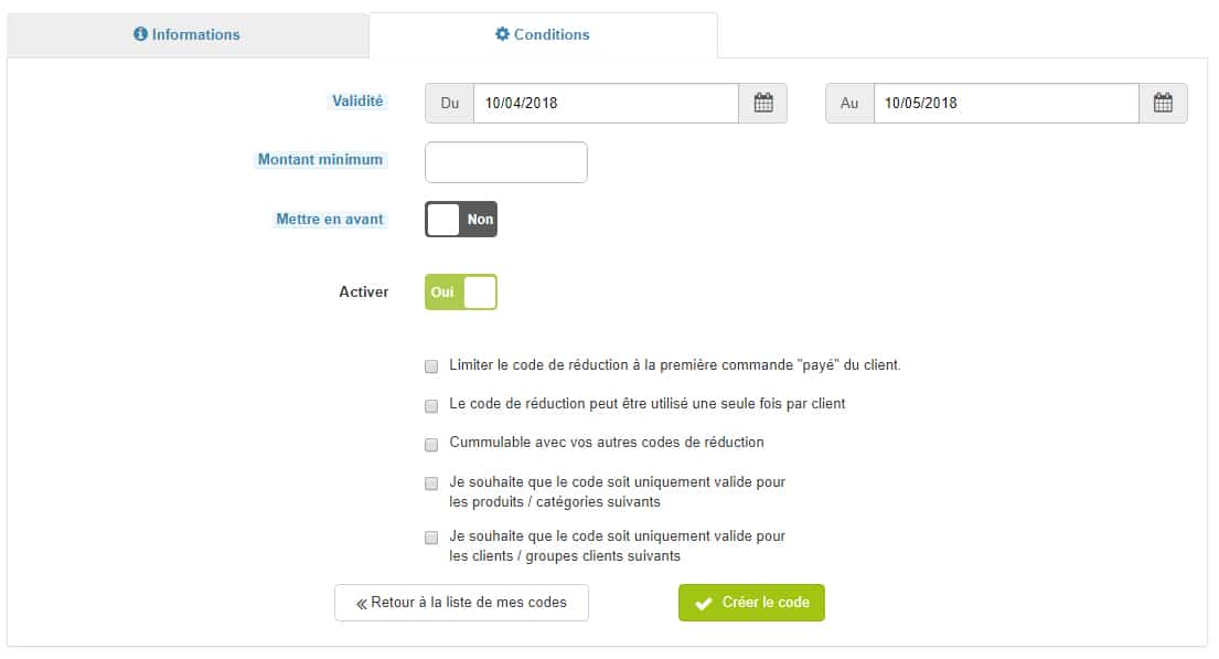 Créer des codes de réduction