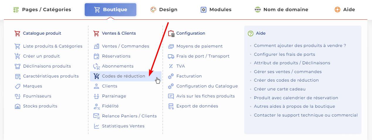 Accéder à la page de configuration des codes de réduction