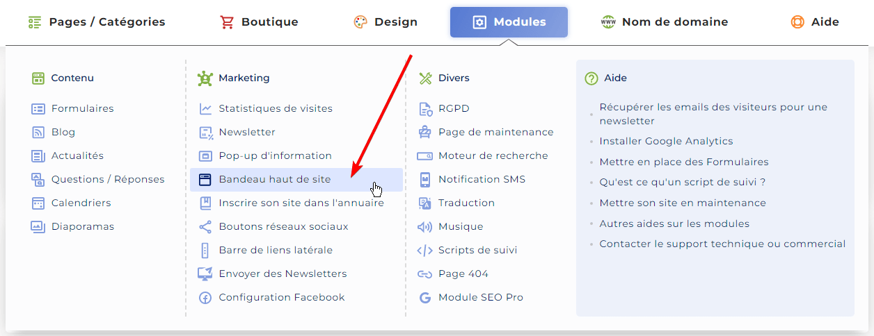 Accéder à la page de configuration du bandeau de haut de site