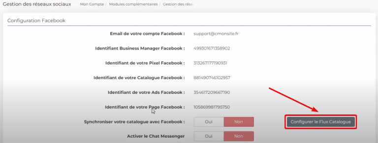 Capture d'écran du bouton pour Configurer le Flux Catalogue