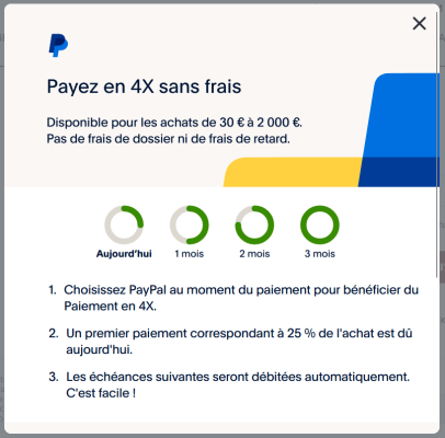 Pop-up PayPal 4x sans frais, produit inférieur à 30€