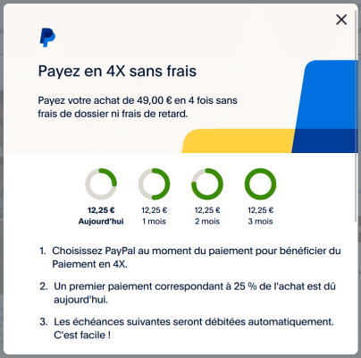 Pop-up PayPal 4x sans frais, produit inférieur à 30€