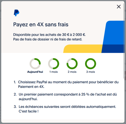 inf30_paypal Pop-up PayPal 4x sans frais, produit inférieur à 30€