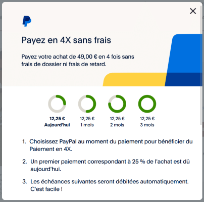 sup30_paypal Pop-up PayPal 4x sans frais, produit inférieur à 30€